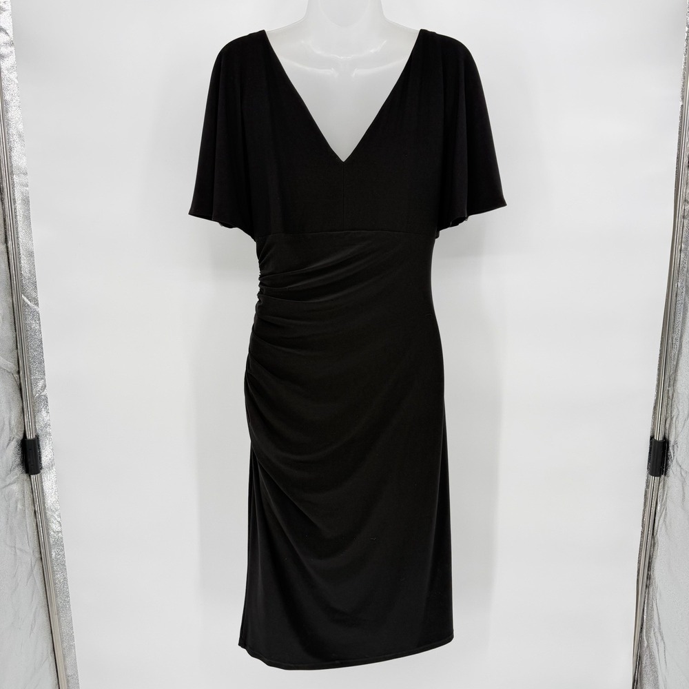 Ralph Lauren Sz 6 Black Shirred Mini Dress Ruched Side Cold Shoulder Embellished - Picture 3 of 8